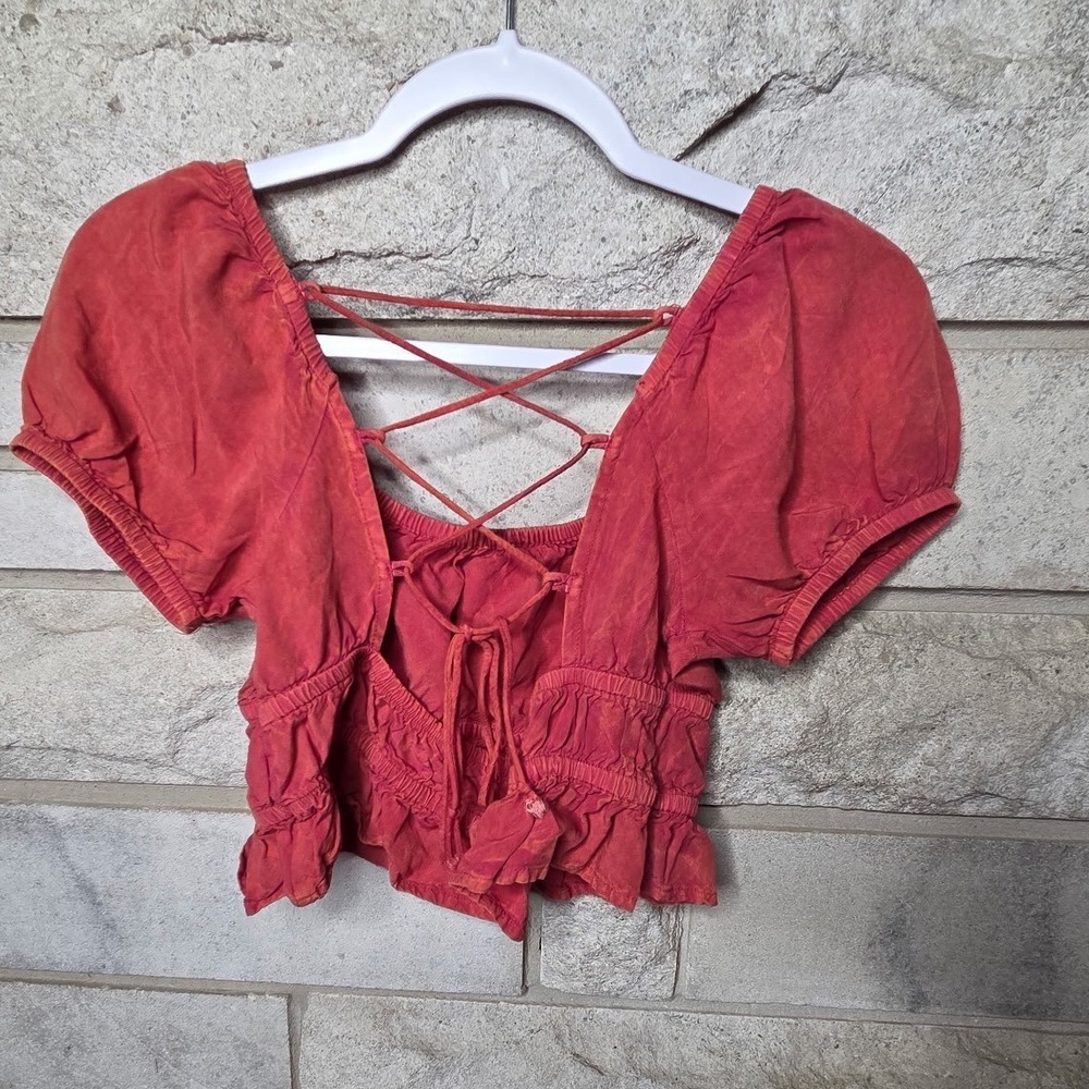 Boho Terracotta Red Lace Up Back Smocked Puff Sleeve Crop Top‎ Festival Style